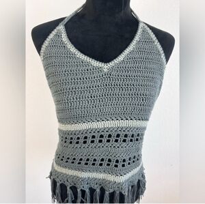 Super Cute Paper Crane Crochet Knit Halter Top Sweater in Gray Size Medium